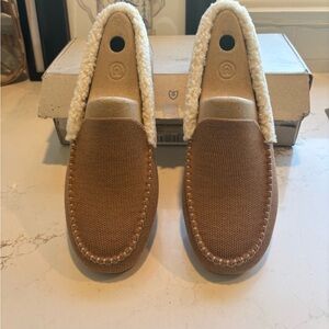 Rothy's Tan and Cream Moccasins with Classic Stitching